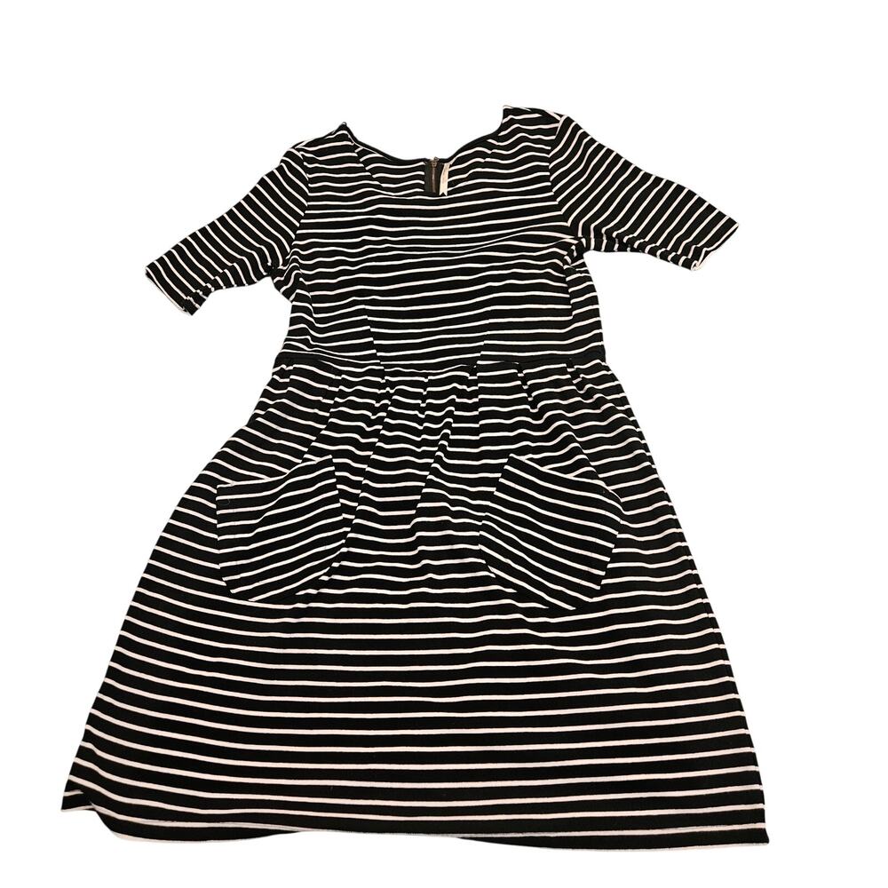 Petticoat Alley Black White Striped Dress Large 3/4 Sleeve Pocket Knit Casual